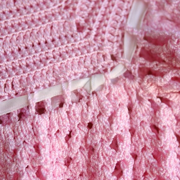 Vintage Baby Dress, Pink Little Girls Frock, Crochet - Picture 5 of 10